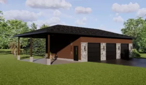 Plan de garage détaché avec trois portes et abri d'auto