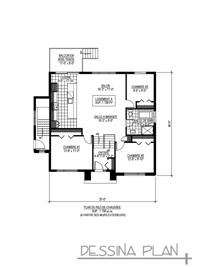Plan de maison avec bachelor 3 chambres